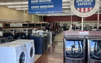 Washers and dryers on the Zelop showroom floor in Coachella